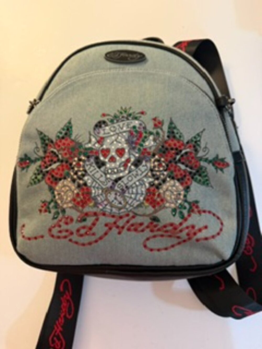 Ed Hardy Denim Rhinestone Skull Mini Backpack
